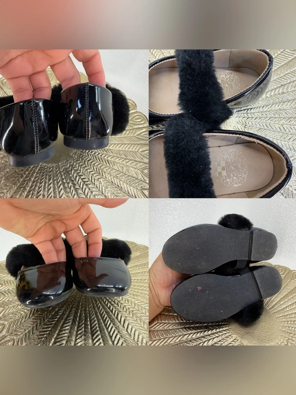 Vince Camuto Girls Black Patent‎ Faux Fur Mary Jane Flats Size 7